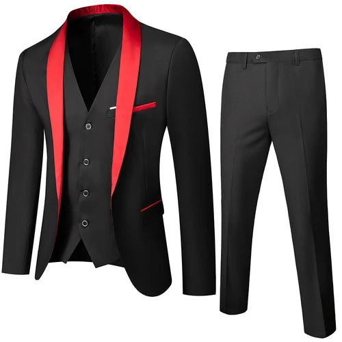 Men's Blue Suit 3-Pieces, Business Wedding Terno Masculino, Fashion Slim Fit Costume Homme, Black Red Gray, Asian Size M-4XL 5XL