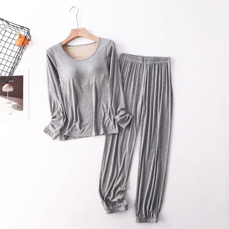 Spring Autumn Sleepwear Women New Modal Cotton Pajamas Set Bra Padded Long Sleeve Trousers Two Piece Suit Comfortable Home Wear