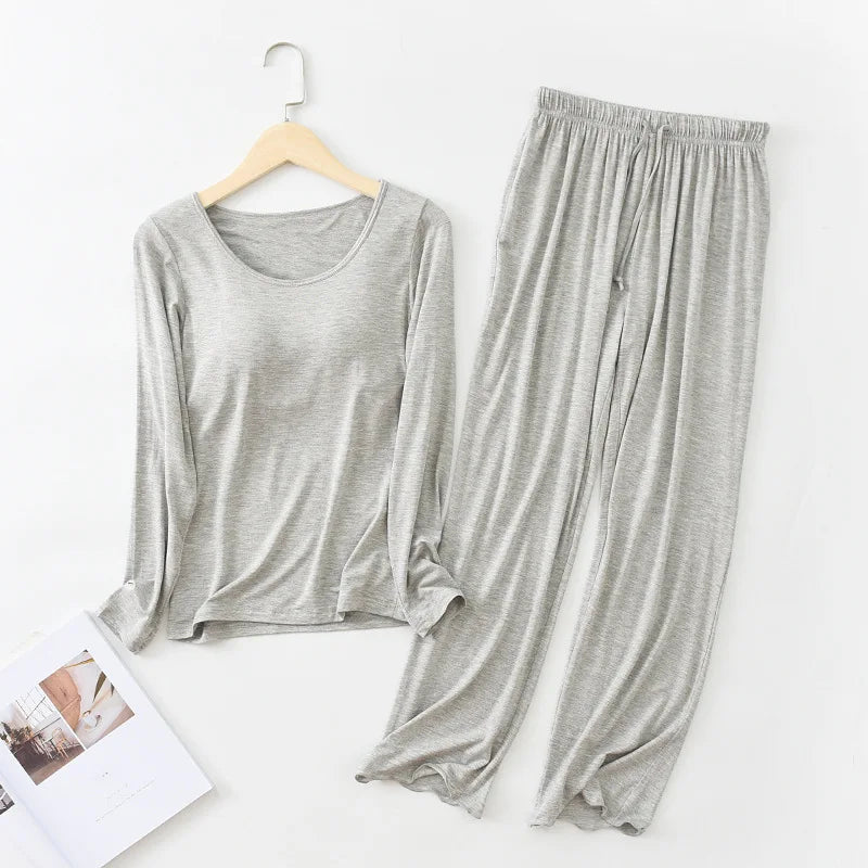 Modal Pajamas Sets Women Casual Bra Pad Sleepwear Suits Spring Autumn Long-Sleeved Home Clothing Winter Ladies Pyjama Lingeries