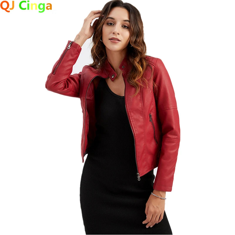 2026 Spring/Autumn New Style Gules Leather Jacket Women's Fashionable Trim Motorcycle Women Coat Black Purple Brown S-4XL