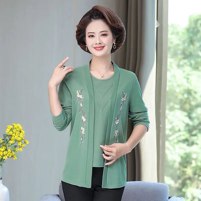 ឈុតពីរដុំសម្រាប់ម្តាយវ័យកណ្តាល អាវធំស្តើងសម្រាប់ស្ត្រី និទាឃរដូវ រដូវស្លឹកឈើជ្រុះ អាវប៉ាក់ដៃវែង