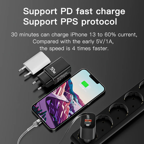 ឆ្នាំងសាក Essager USB Type C លឿន 30W QC PD 3.0 អាដាប់ទ័រចល័តពីររន្ធសម្រាប់ iPhone 16 15 14 iPad Xiaomi ឆ្នាំងសាកជញ្ជាំងលឿន