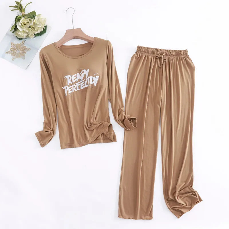 Spring Ladie's Modal Pajamas Sleepwear Set Letter Print Women Pajama 2 Piece Suit Full Sleeves Shirt Pant Lingerie Homewear