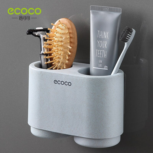 ECOCO Wall-mount Toothbrush Holder Tooth Cup Toothpaste Toothbrush Rack Bathroom Accessories Mouthwash Cup Set for Couples Blue
