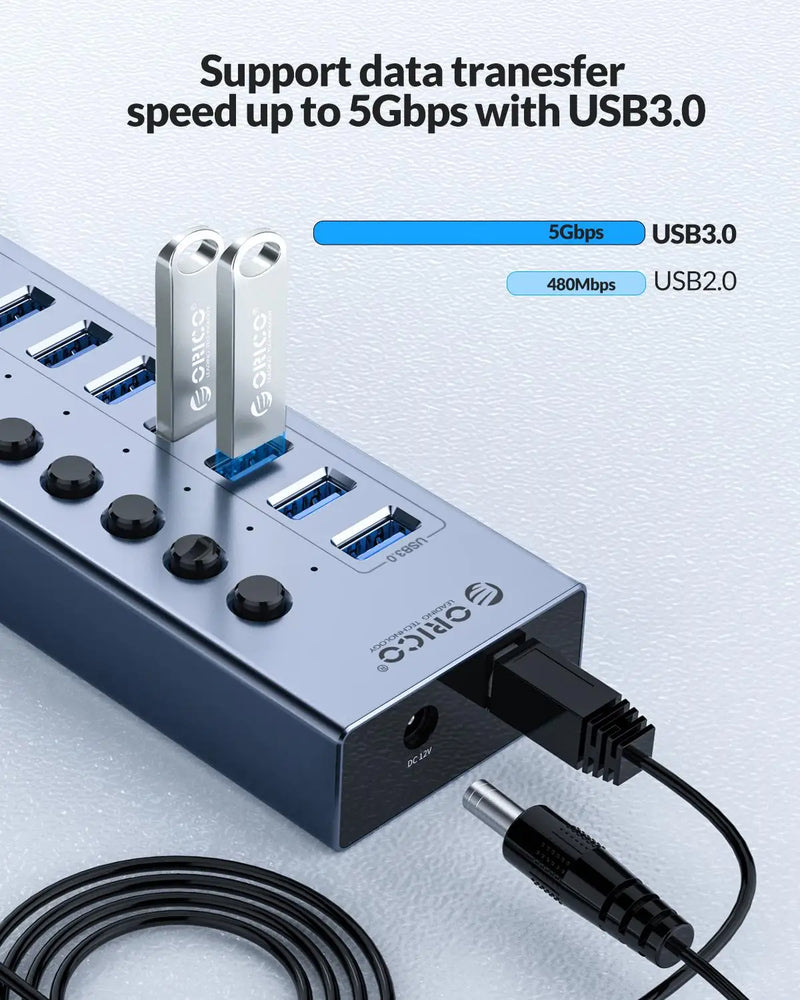 ORICO Powered USB 3.0 HUB 7/10/13/16 Ports USB Extension with On/Off Switches 12V Power Adapter Support BC1.2 Charging Splitter