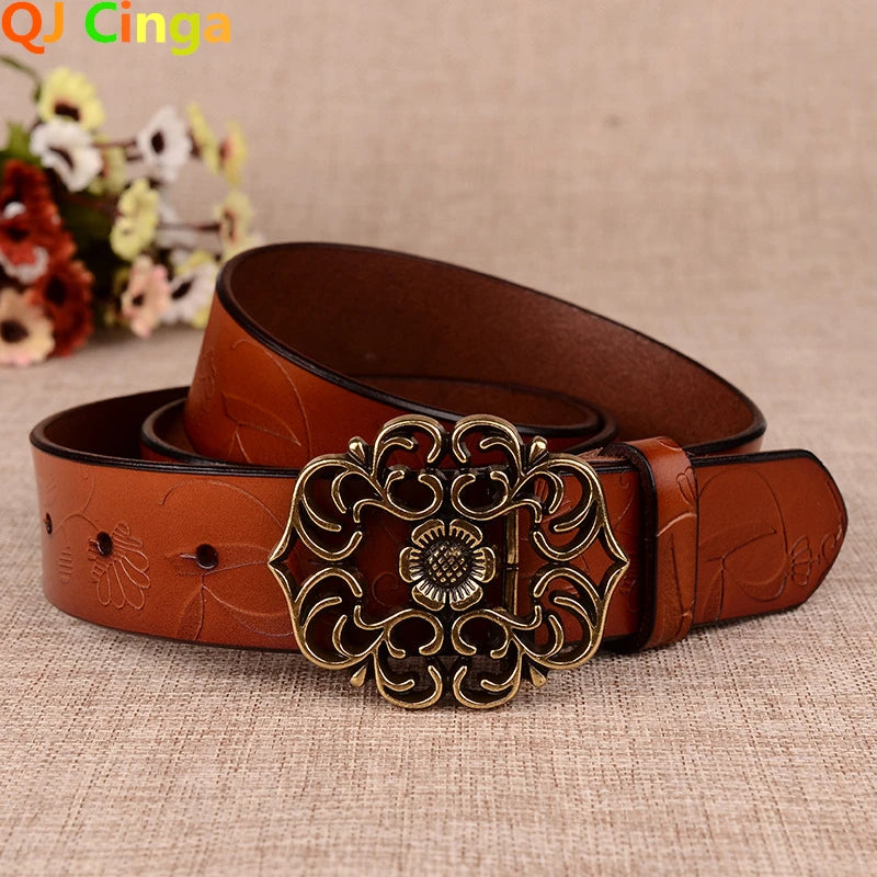 Sunflower Pattern Needle Buckle Belt Women Brown Fashion Business Women's Belts White Black Cinturon Red Yellow