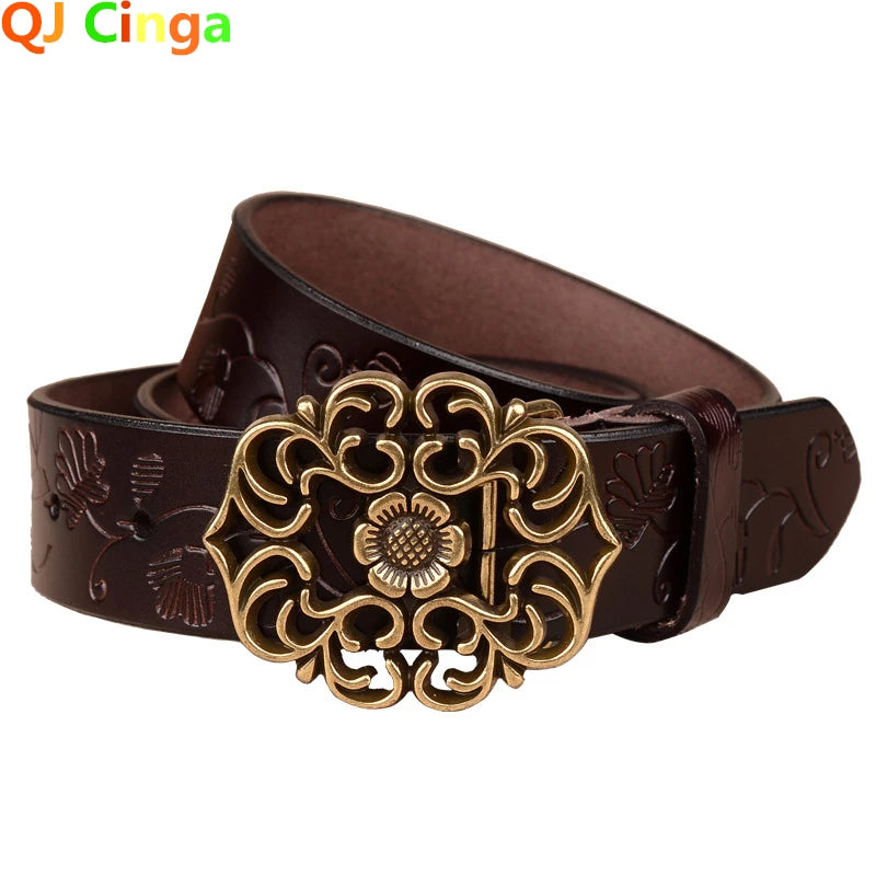 Sunflower Pattern Needle Buckle Belt Women Brown Fashion Business Women's Belts White Black Cinturon Red Yellow