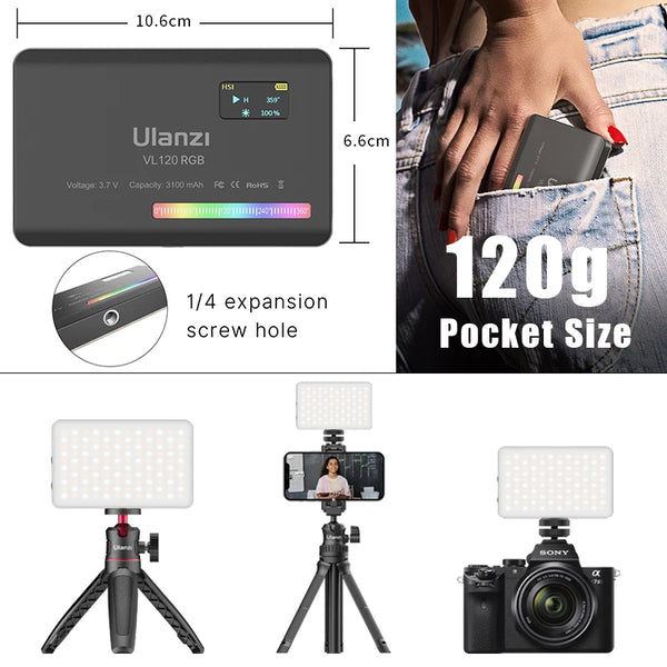 ភ្លើងកាមេរ៉ា Ulanzi VL120 RGB ជាមួយឧបករណ៍បំបែកពន្លឺ 2500-9000K CRI 95+ 3100mAh LED វីដេអូបន្ទះសម្រាប់កាមេរ៉ាទូរស័ព្ទថតរូបភ្លើង