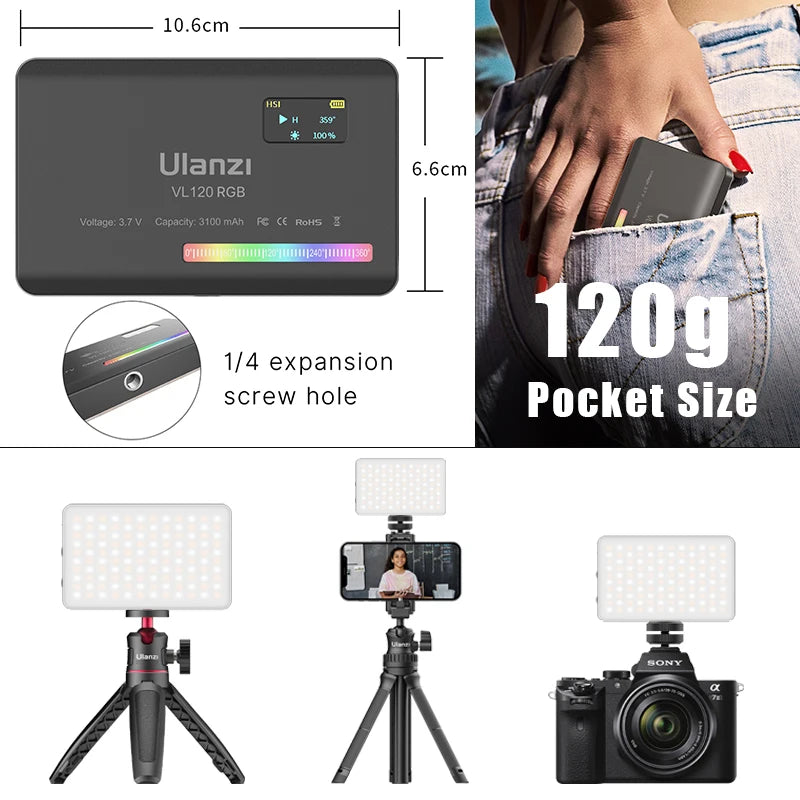 ភ្លើងកាមេរ៉ា Ulanzi VL120 RGB ជាមួយឧបករណ៍បំបែកពន្លឺ 2500-9000K CRI 95+ 3100mAh LED វីដេអូបន្ទះសម្រាប់កាមេរ៉ាទូរស័ព្ទថតរូបភ្លើង