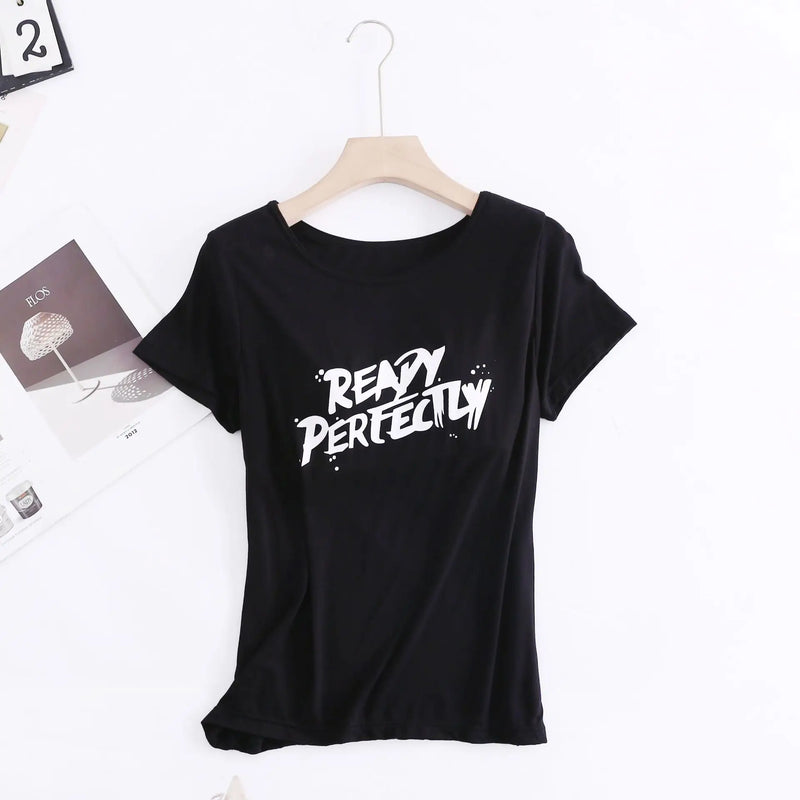 Fdfklak Letter Print Modal Sleepwear Tops Casual Sleep T Shirt Bra Padded Short Sleeve Home Clothes One Piece Pajamas Women