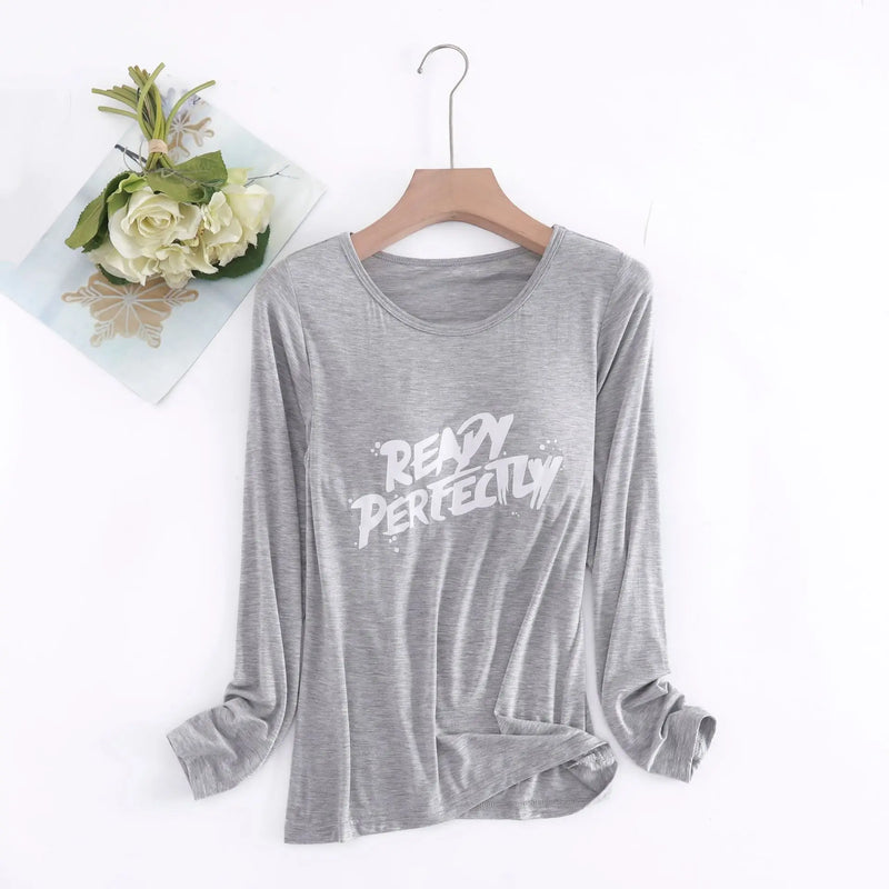 Spring Autumn Comfortable Sleepwear Women Shirt Casual Letter Print Sleep Tops Bra Padded Modal One Piece Pajamas Female
