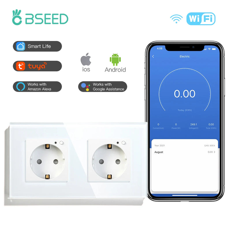 BSEED EU Electrical Wifi Smart Socket Wall Plug With Power Monitor Timing Function Tuya Alexa Smart Home Wireless Control 16A