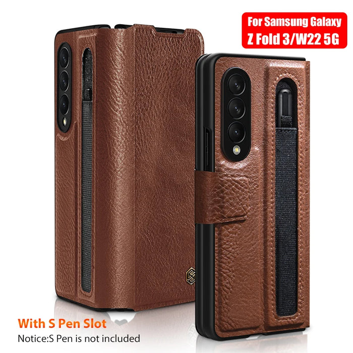 For Samsung Galaxy Z Fold 3 Case For Z Fold 4 For Z Fold 5 NILLKIN Aoge Full Luxury Leather Kickstand Case With S-Pen Pocket Brown