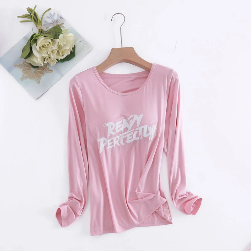Spring Autumn Comfortable Sleepwear Women Shirt Casual Letter Print Sleep Tops Bra Padded Modal One Piece Pajamas Female