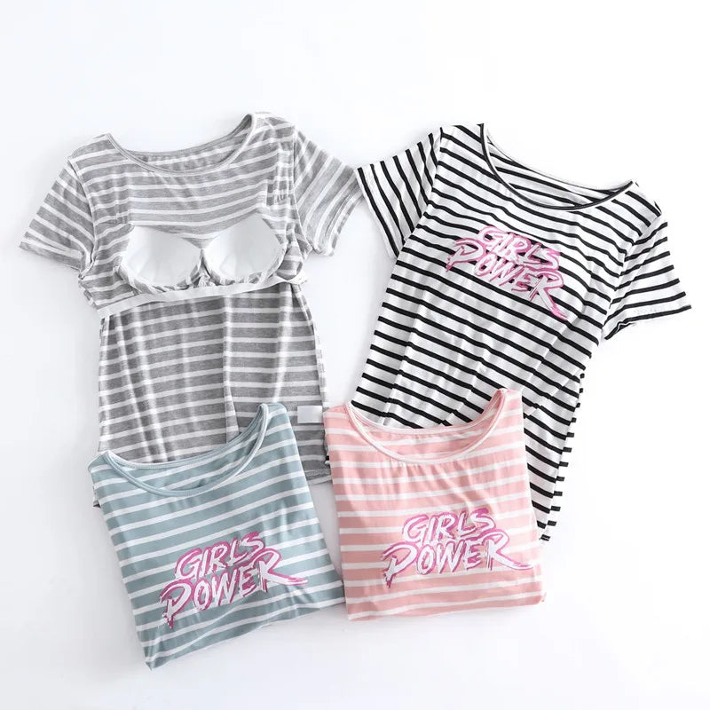 Fdfklak Pyjama Pour Femme New Fashion Striped Sleep Tops Women Chest Pad Modal Sleepwear Shirt Summer One Piece Lady Pajamas