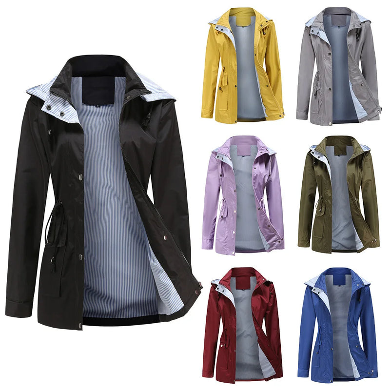 Purple Hooded Jacket for Spring 2026 Women's Office Fashion Women Outerwear Hat with Removable Waist Drawstring Water Proof