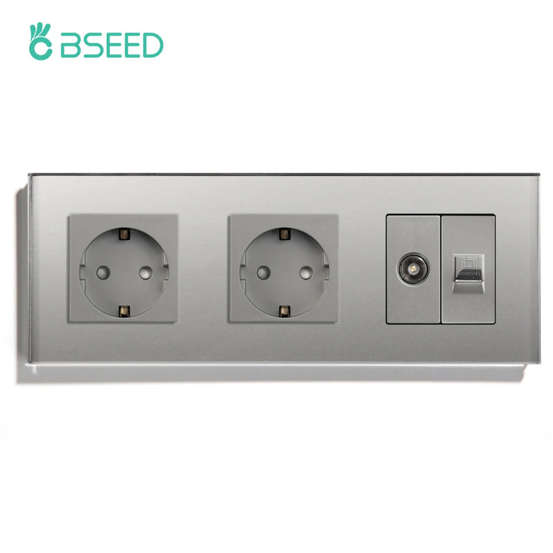 BSEED Double EU Wall Sockets Power Outlets White Black Golden Crystal TV Sockets Power CAT5 Internet Socket Kids Protection 16A