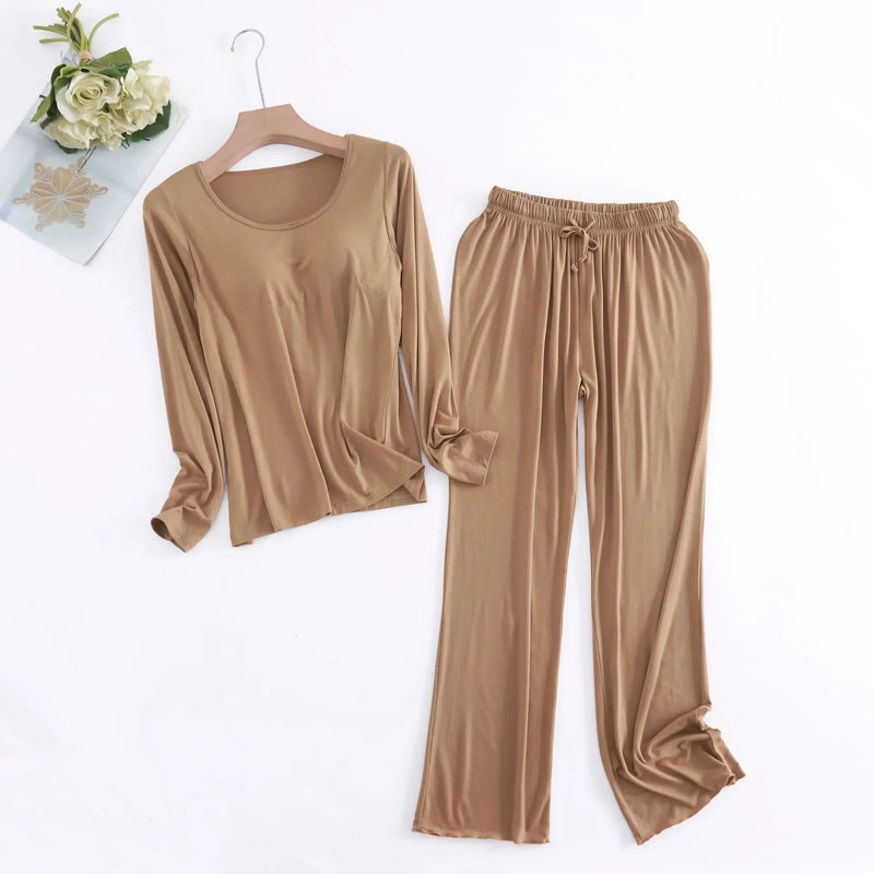 Modal Pajamas Sets Women Casual Bra Pad Sleepwear Suits Spring Autumn Long-Sleeved Home Clothing Winter Ladies Pyjama Lingeries