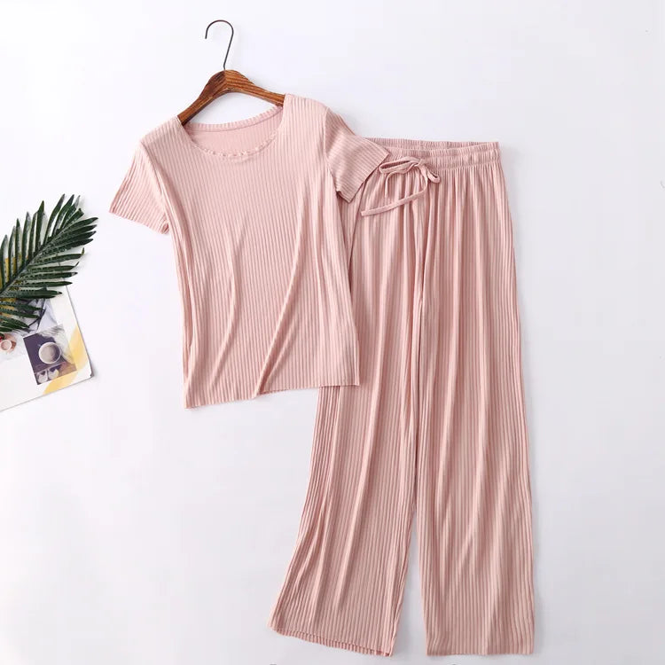 Fdfklak Pijama Mujer New Comfortable Modal Cotton Sleepwear Women Spring Summer Short Sleeve Trousers Set 2025 Pajama Sets