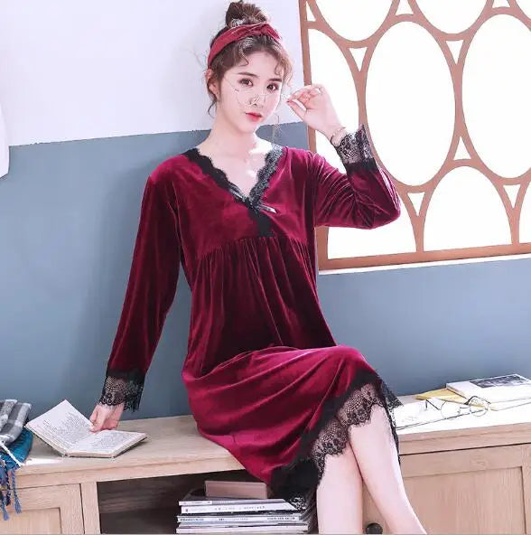 Sexy Lace Casual V-Neck Autumn Night Dress Women Gold Velvet Warm Spring Nightgowns Long Sleeve Loose Sleepwear Home Clothes