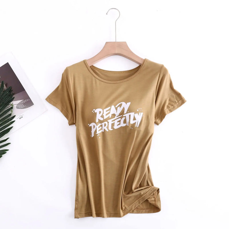 Fdfklak Letter Print Modal Sleepwear Tops Casual Sleep T Shirt Bra Padded Short Sleeve Home Clothes One Piece Pajamas Women