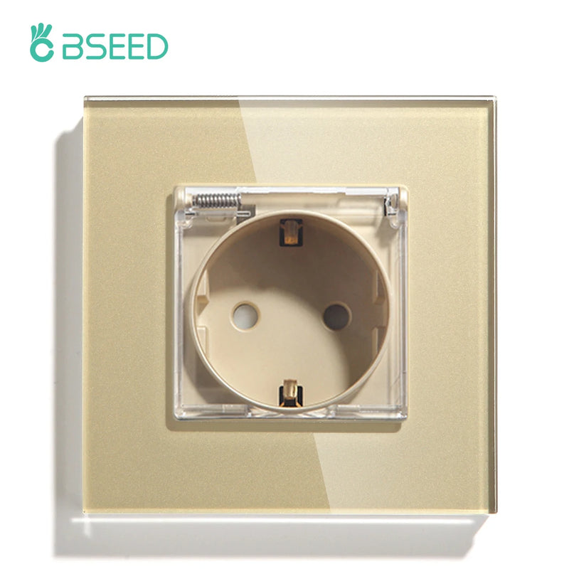 BSEED EU Standard Single Power Sockets With Waterproof Cover Double Wall Outlet Bathroom Triple Plugs 16A Crystal Panel 110-250V