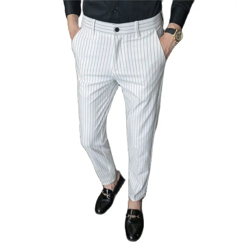Men's White Vertical Stripes Suit Pants, Blue Black Trousers, Fashion Slim Pant Business Pantalones Hombre Autumn New Slacks