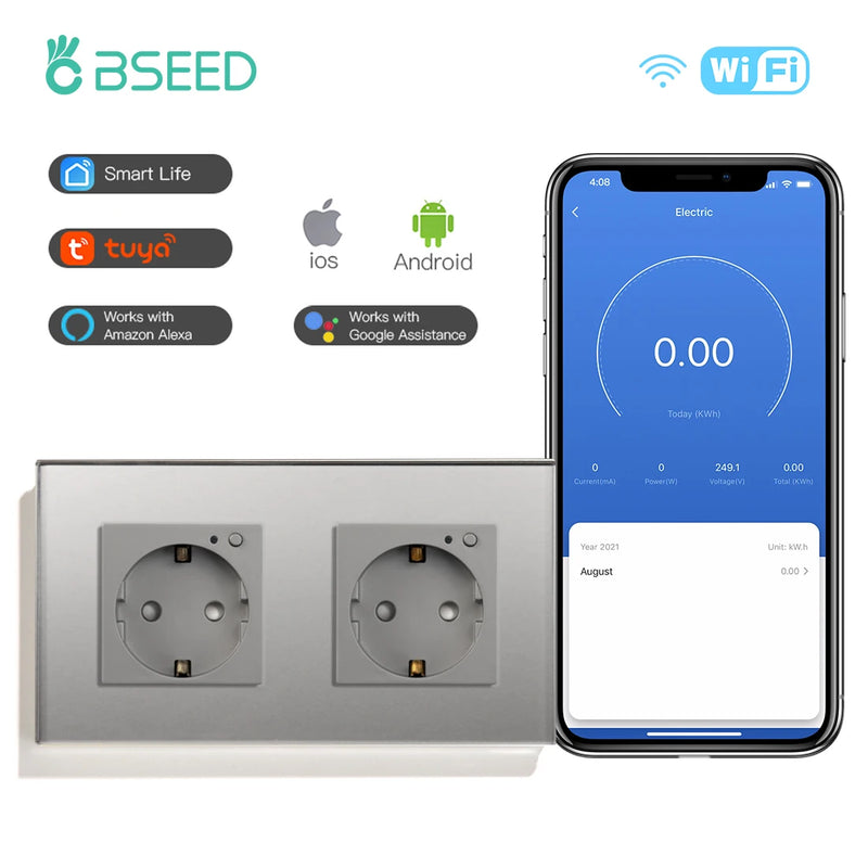 BSEED EU Electrical Wifi Smart Socket Wall Plug With Power Monitor Timing Function Tuya Alexa Smart Home Wireless Control 16A