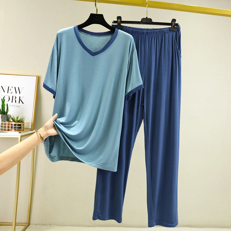 4XL-6XL Women's Sleepwear Short Sleeve Trousers Two Piece Set V Neck Summer Home Clothes Loose Modal Nightwear Pijamas Suit