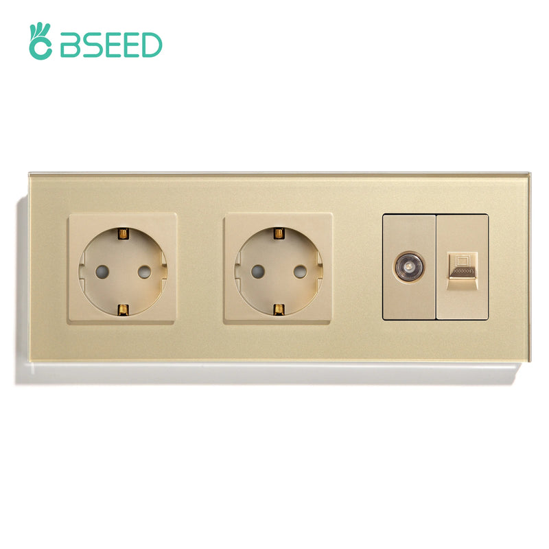 BSEED Double EU Wall Sockets Power Outlets White Black Golden Crystal TV Sockets Power CAT5 Internet Socket Kids Protection 16A