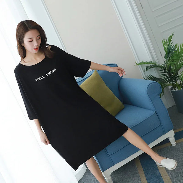 អាវគេងរដូវក្តៅថ្មីទំហំធំសម្រាប់ស្ត្រីធាត់ 90 គីឡូក្រាម mm អក្សរបោះពុម្ពរ៉ូបគេងសម្រាប់ស្ត្រីដៃខ្លីម៉ូដ