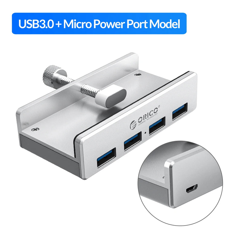 ORICO Aluminum 4 Ports USB 3.0 Clip HUB with Power Supply High Speed 5GBPS Data Transmission for MAC OS PC (MH4PU-P)