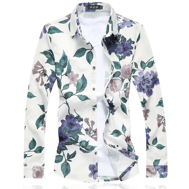 Men's White Small Stretch Long Sleeve Printed Shirt, Single Breasted Square Collar Shirts, Casual Camisa Male Chemise, New 2026