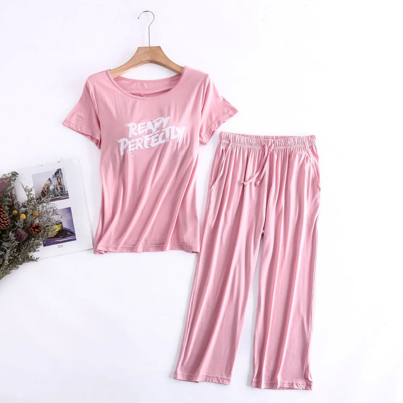 Letter Print Modal Suit Female Short Sleeve Cropped Pant Pajamas For Women Spring Summer Sleepwear Bra Padded Cotton Home Set