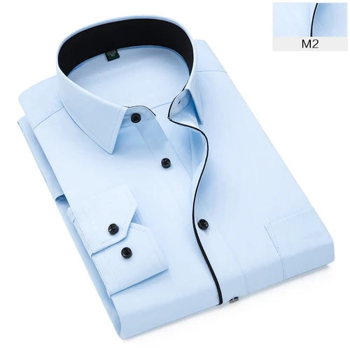 2026 New Men's Black-White Patchwork Long Sleeve Shirt, Business Office Shirts, Sky Blue Slim Fit Camisa/Chemise S-5XL