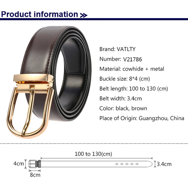 VATLTY Official Authentic New Leather Belts for Men Gold Simple Metal Buckle Natural Cowhide Men's Belt Casual Business Belt