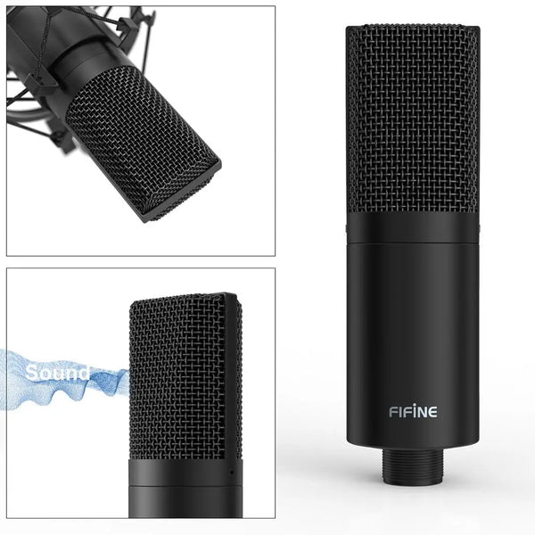 មីក្រូហ្វូន Fifine USB PC Condenser ជាមួយនឹងជើងមីក្រូហ្វូនលើតុដែលអាចលៃតម្រូវបាន សម្រាប់ការថតសំឡេងក្នុងស្ទូឌីយោ, Vlog, អូឌីយ៉ូ