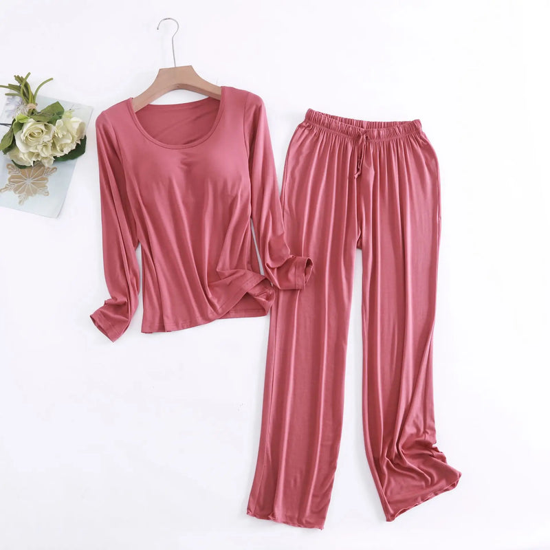 Modal Pajamas Sets Women Casual Bra Pad Sleepwear Suits Spring Autumn Long-Sleeved Home Clothing Winter Ladies Pyjama Lingeries