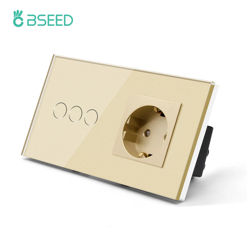 BSEED Touch Light Switch Wall EU Socket 1/2/3Gang 1Way Touch Switch Power Outlet Max.Load 300W/Gang Glass Panel Wall Switch