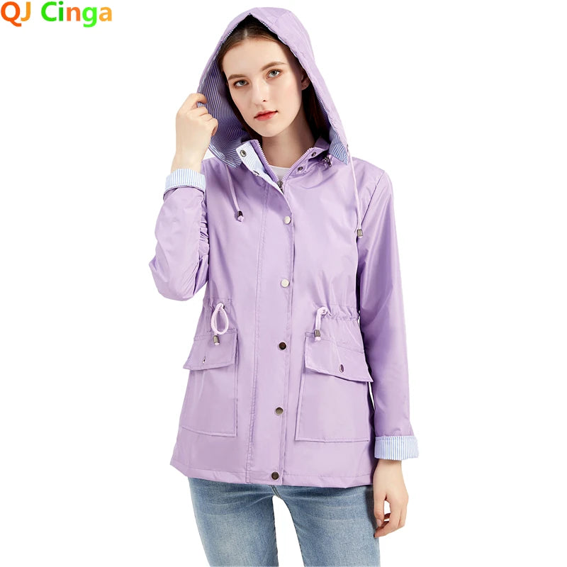 Purple Hooded Jacket for Spring 2026 Women's Office Fashion Women Outerwear Hat with Removable Waist Drawstring Water Proof