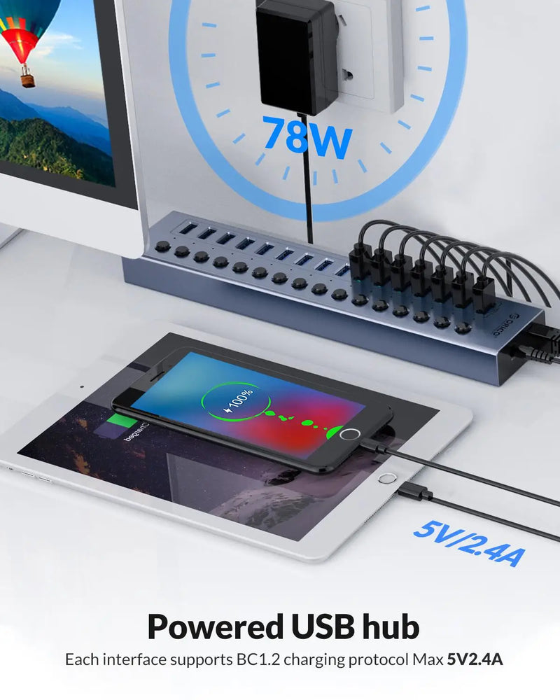 ORICO Powered USB 3.0 HUB 7/10/13/16 Ports USB Extension with On/Off Switches 12V Power Adapter Support BC1.2 Charging Splitter