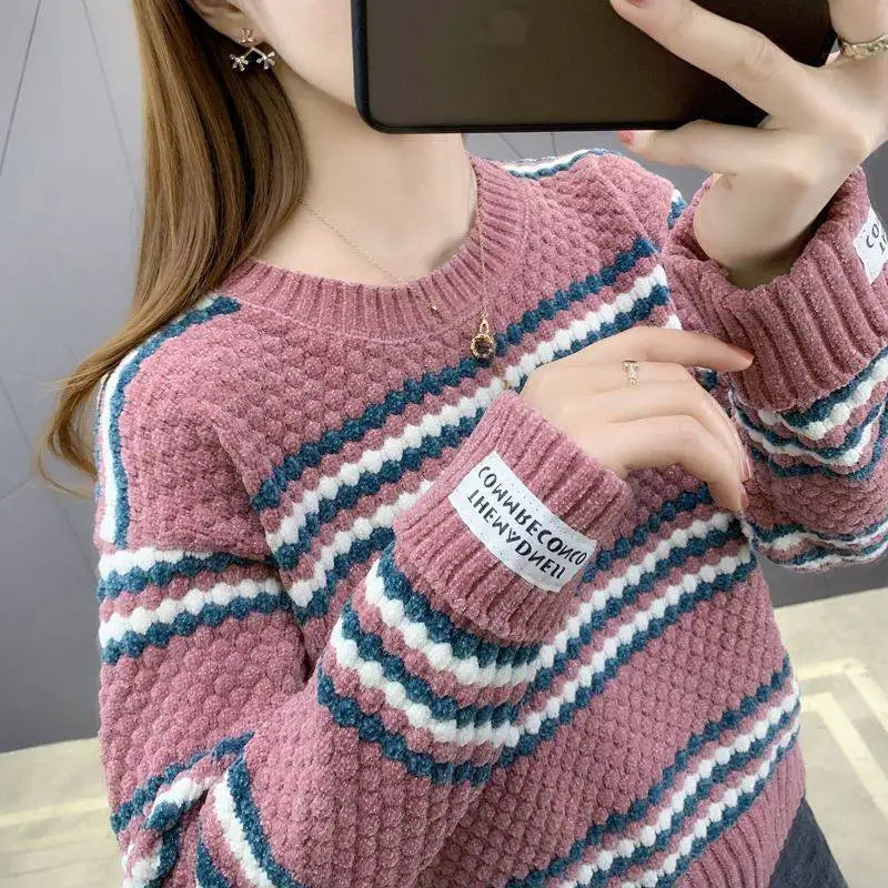 Fdfklak Stitching Color Winter Sweater Women Thick Spring Autumn 2026 New Student O Neck Pullover Korean Loose Tops Jersey Mujer