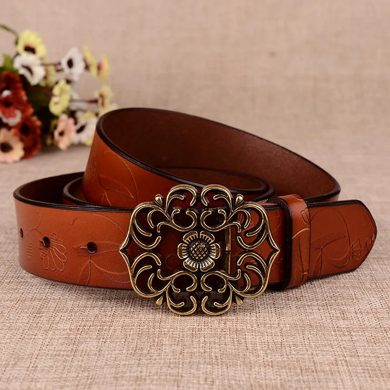 Sunflower Pattern Needle Buckle Belt Women Brown Fashion Business Women's Belts White Black Cinturon Red Yellow