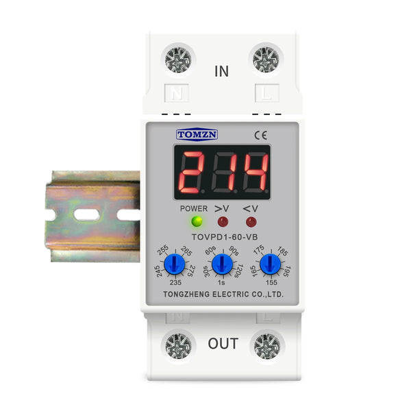 TOMZN LED Display 230V 40A 60A DIN Rail Adjustable Over Under Voltage Current Protective Device Protector Relay with Button