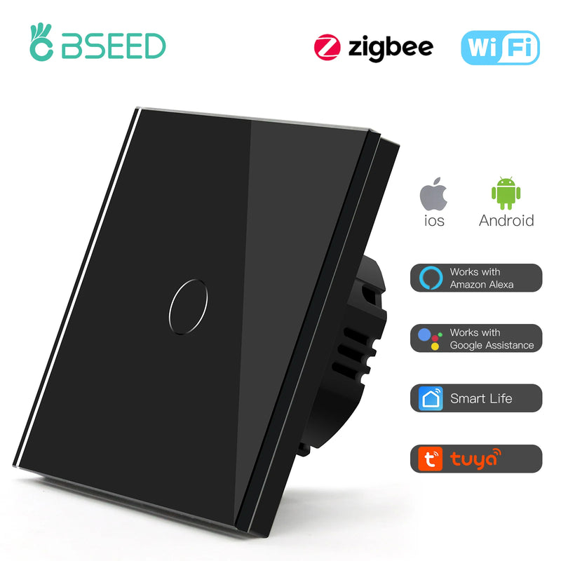 BSEED Zigbee Smart Light Switch 1/2/3Gang Wall Touch Switch Smart Life Google Alexa Tuya App Control No Neutral Wire Required