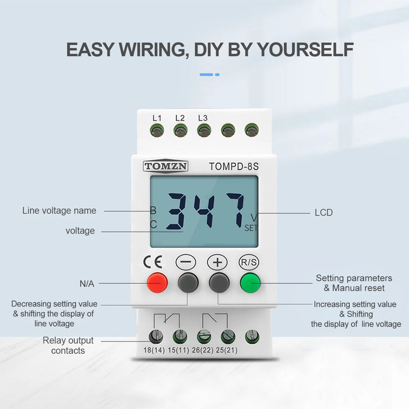 TOMZN 3 Phase Din Rail Voltage Monitoring Sequence Protection Relay Adjustable Under Over Voltage Protector