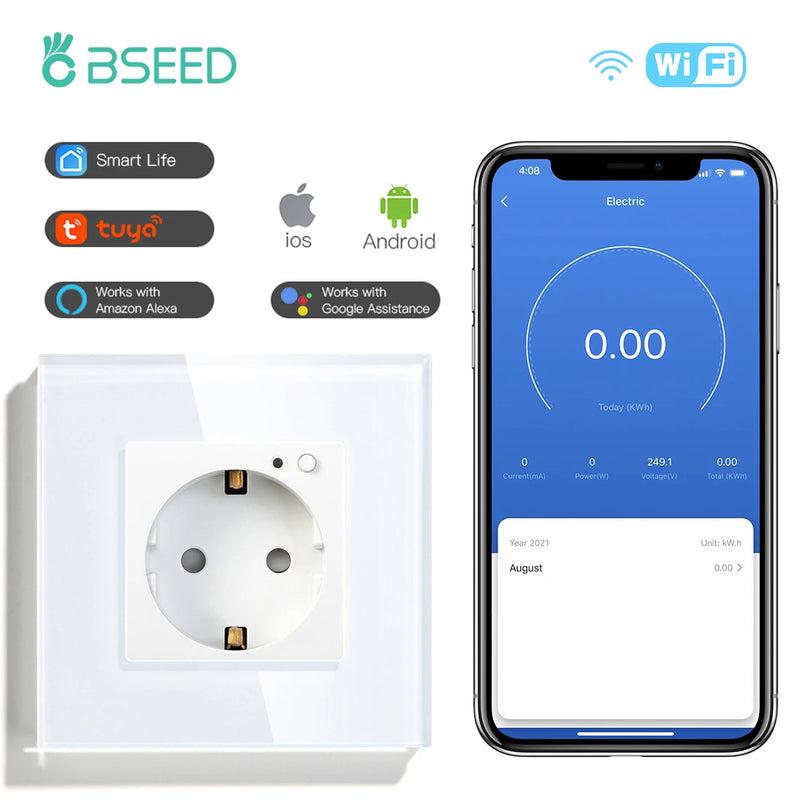 BSEED EU Electrical Wifi Smart Socket Wall Plug With Power Monitor Timing Function Tuya Alexa Smart Home Wireless Control 16A