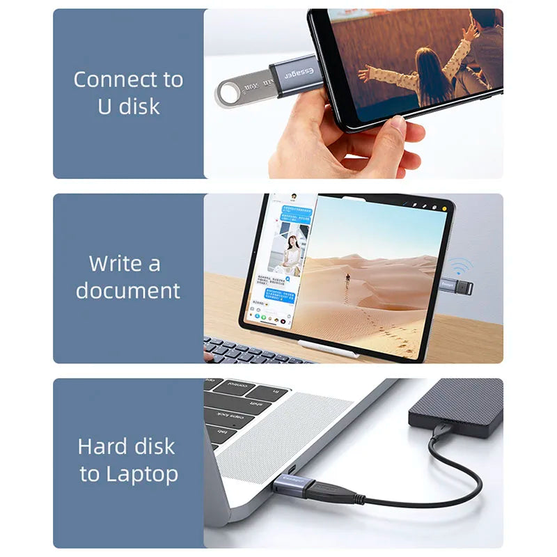 ឧបករណ៍ភ្ជាប់ OTG Essager USB Type C Type-C USB-C Male ទៅ USB 3.0 Female Converter សម្រាប់ Macbook Xiaomi Mi Samsung USBC OTG Connector