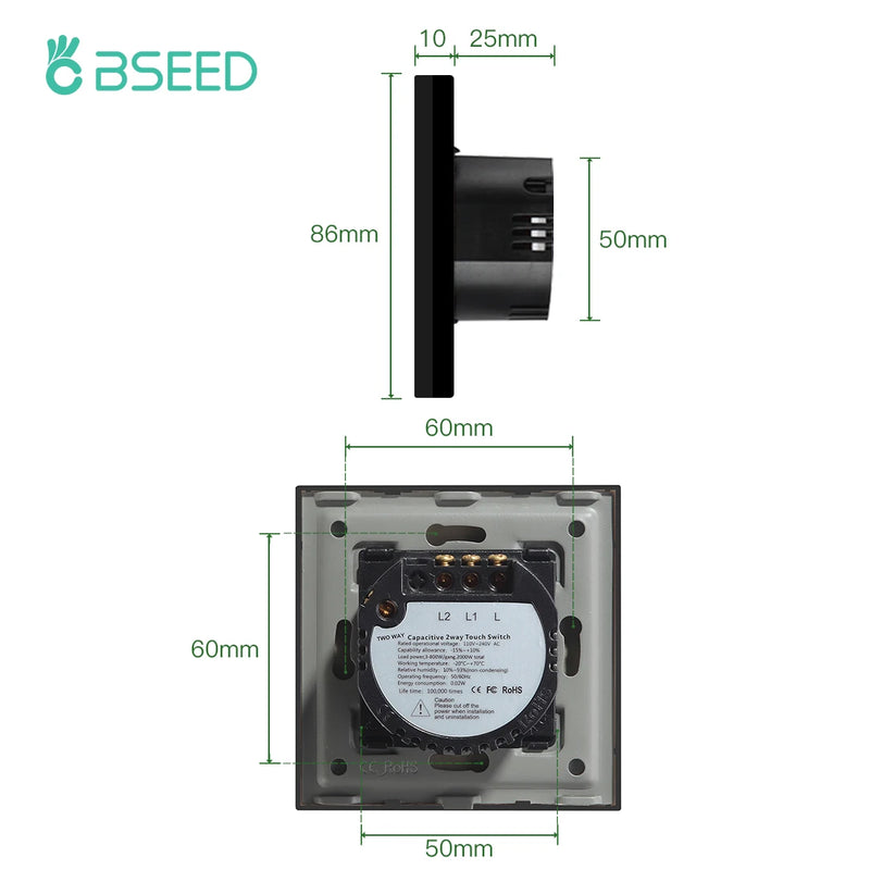 BSEED EU Standard 1/2/3Gang 2Way Wall Touch Switch Light Sensor Switches Wall Socket USB Type-C Crystal Glass Panel 240V Black