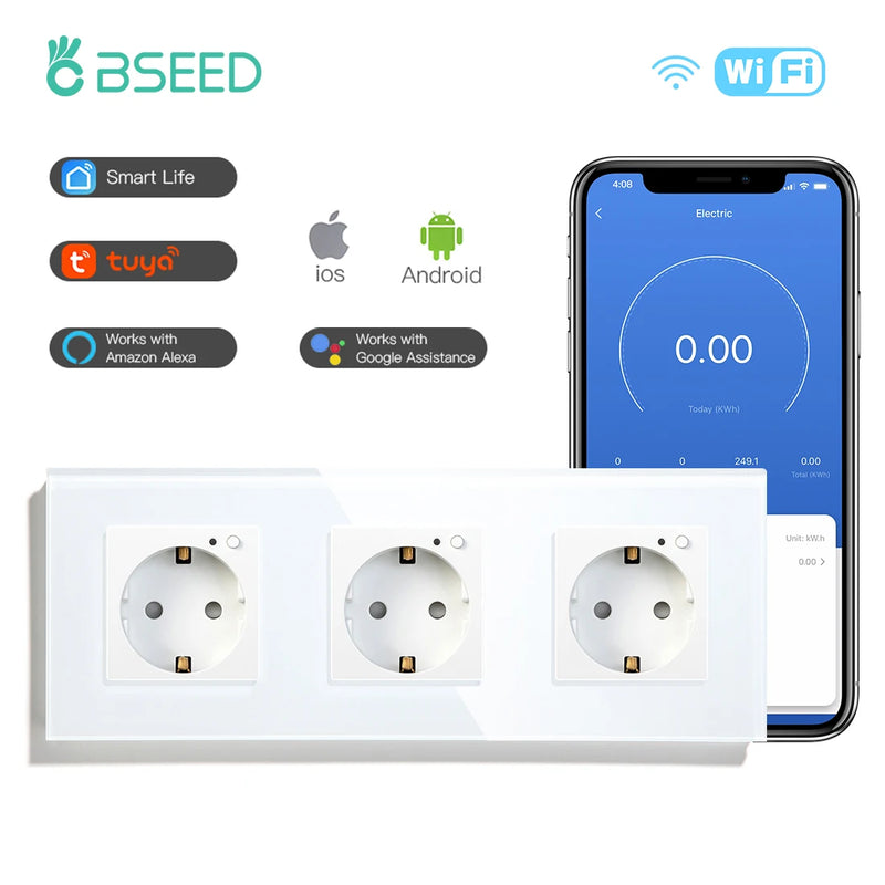 BSEED EU Electrical Wifi Smart Socket Wall Plug With Power Monitor Timing Function Tuya Alexa Smart Home Wireless Control 16A